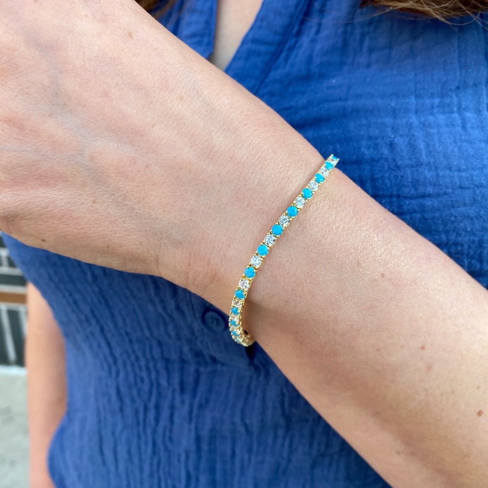 Turquoise and Diamonds(CZ) Tennis Bracelet14K Gold